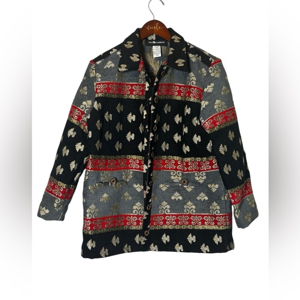 Sag Harbor Women's Brocade Tapestry Jacket Size 8 Fleur de Lis Pattern Vintage